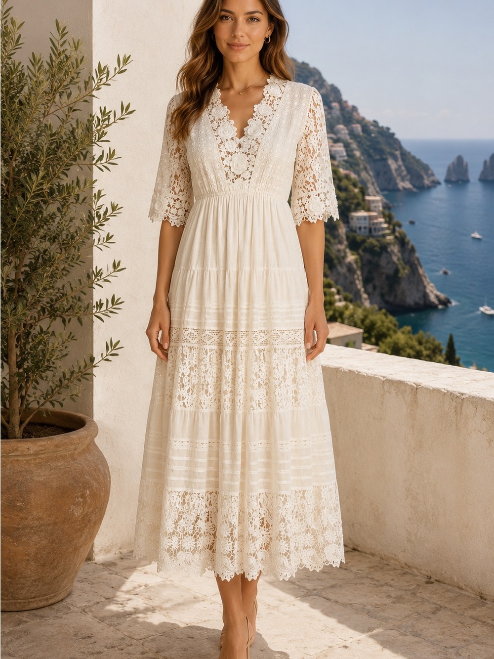 Made in Italy-Women’s Ivory Lace Maxi Dress NWT